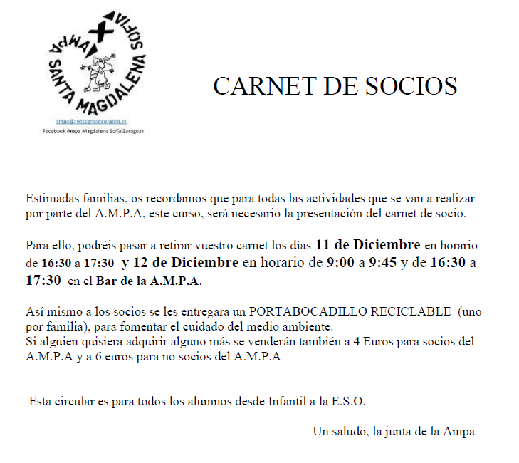 Carnet de Socio. Ampa